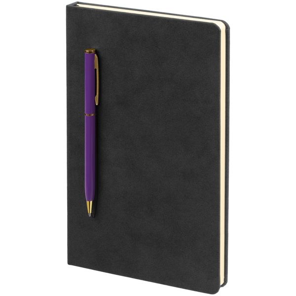 Блокнот Magnet Gold с ручкой, черный с фиолетовым